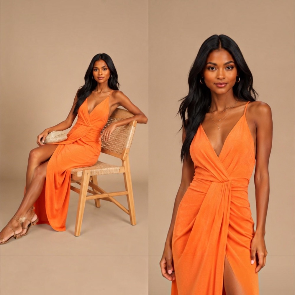 Lulus Dreamy Date Orange Surplice Midi Dress M Ruched Plunge Wedding Resort - Picture 2 of 15